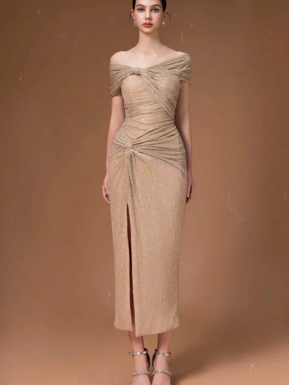Hacchic Couture Off Shoulder Midi Dress In Nude, Champagne , Size 6 ( USA) - Picture 2 of 8